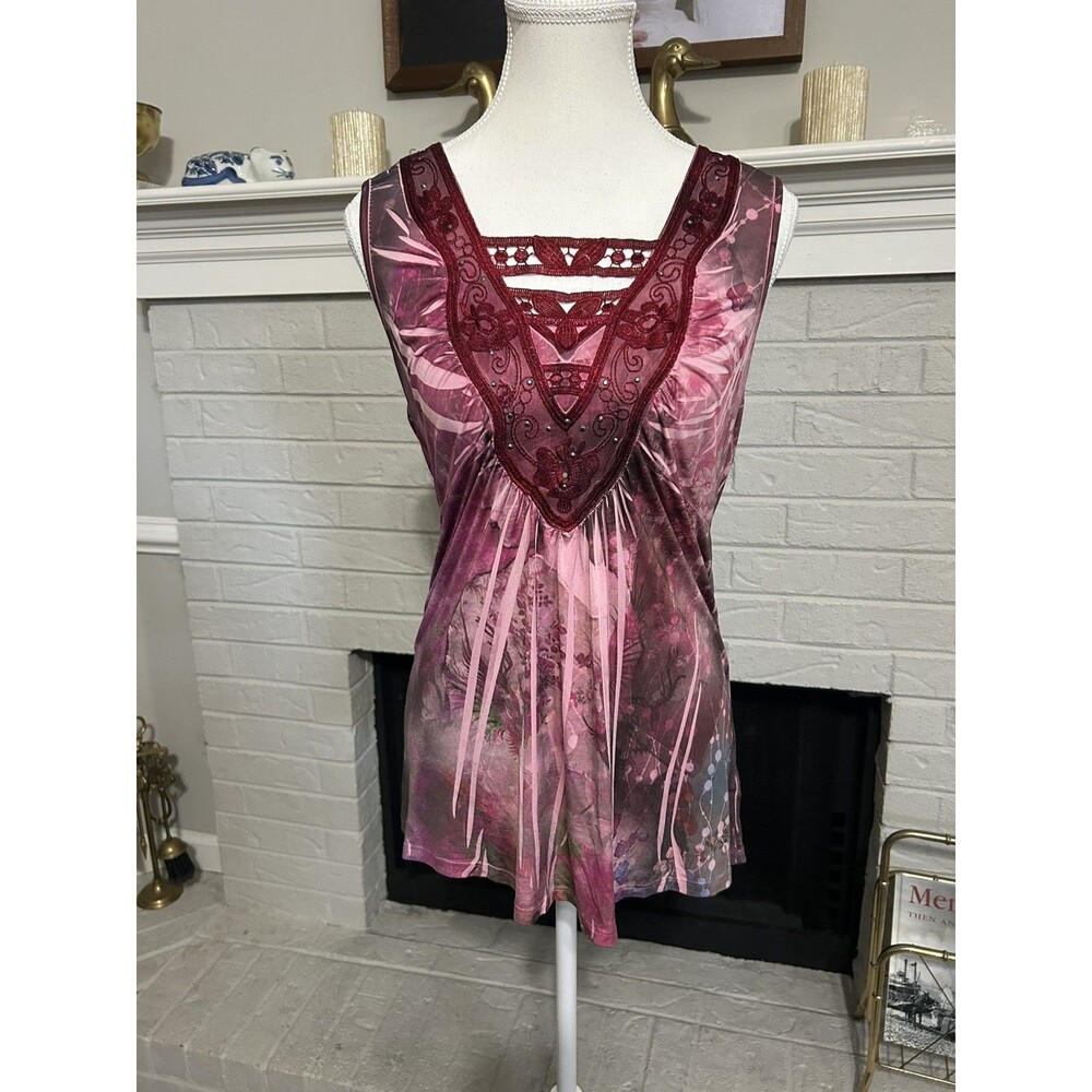 One World Y2k Fairy Top Women's Sz L Embellished Embroidered V-Neck Boho Tie Dye